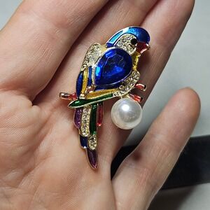 Parrot Bird Brooch Women OS Blue Gold Enamel Crystal Faux Pearl Pin